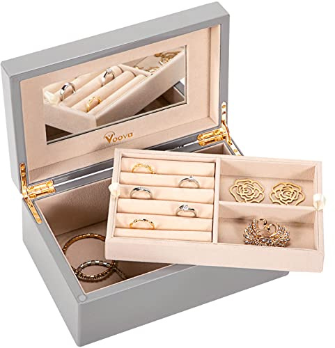 Voova Wooden Jewellery Box Organiser for Women Girls, Deluxe Piano Paint Jewelry Storage Case with Mirror, jewlerrying Display Holder with Removable Tray for Necklace Earring Rings, Gifts, Grey