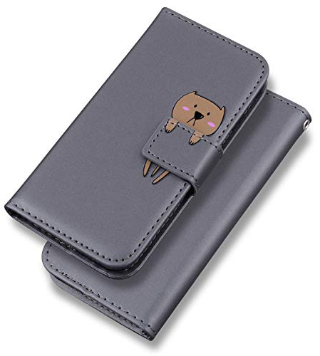 Bartern Handyhülle für iPhone 5/iPhone 5s,iPhone 5/5s Hülle,Karikatur Bärin PU Leder Klappbar Wallet Schutzhülle Tasche Klapphülle mit Magnetisch Kartenfach Standfunktion,Grau