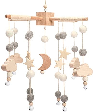 let's make Baby Mobile Holz Hängende Bettglocke, Windspiel Rassel Babybett Mobile, Kinderzimmer Hängende Bettglocke,Sternen und Mond, Neugeborenen Geschenk für Baby Mädchen oder Jungen(Gray moon)