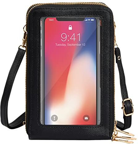 Kleine Handy Umhängetasche Leder Frauen Brieftasche Umhängetasche für Mobiltelefone mit Touchscreen Multifunktion Damen Umhängetaschen Klein Tasche Geldbörse Umhängetasche aus PU-Leder (Schwarz)