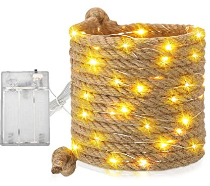 Usper Solar Lichterkette Seil 600cm IP65 Sisal Stern Beleuchtete Lampe Gartenleuchte mit 60 LEDs Warmweiß 3200K für Dekoration Außen Garten Terrasse Balkon
