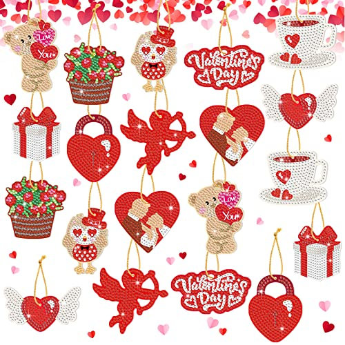 20 Stück Weihnachten Valentinstag DIY Diamant Painting Tags Diamant Painting Schlüsselanhänger Weihnachtsbaum Hängende Anhänger Handwerk Karten Dekoration für Baum Handwerk Familie (Herz)