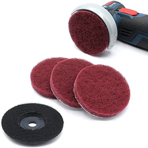 Set 4x Reinigungsscheibe + 1x Schleifteller Schleifscheiben Poliervlies 76 x 10 mm Reinigungsvlies für Akku Winkelschleifer Bosch GWS 10,8-12V, PWSA, Bosch, BTI, Parkside, Würth (Rot = Korn 320)
