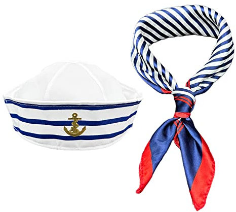 MIVAIUN Matrosenmütze und Schal set Matrosen Set Blau-weiß gestreifte Matrosenmütze und blau gestreiftes Halstuch mit roter Borte Unisex Einheitsgröße für Cosplay Partys Verkleidung Party