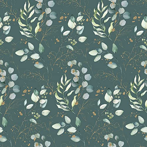 Keine Meterware, Stoffe zum Nähen, Stoff für Kinder und Damen, 100% Baumwolle: 1m Baumwollstoff mit Eukalyptus Blätter und Blumen - grün grau gold petrol mint weiß tannengrün - Dekostoff Kleiderstoff
