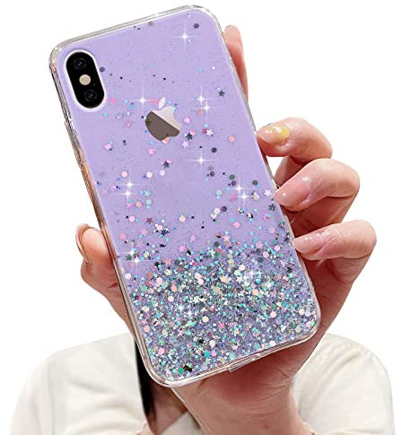 LCHULLE Glitzer Hülle Kompatibel mit iPhone X/Xs(5.8 Zoll) Handyhülle Mädchen Schuzhülle Glitzer klar TPU Bumper Silikon Hülle Handyhülle Tasche Case Cover für iPhone X/Xs Lila