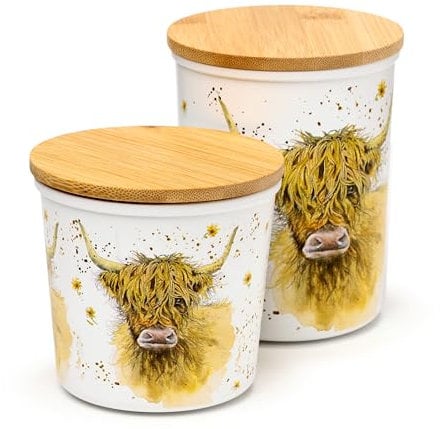 Puckator RPJAR93 Jan Pashley Highland Coo Cow Set of 2 Recycled Plastic Bottles RPET and Bamboo Reusable Storage Jars - S/M