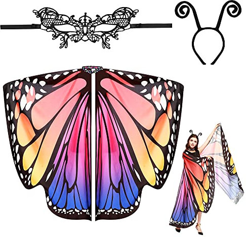EMAGEREN Butterfly Wings Adult Butterfly Wings Costume Adult Women Butterfly Wings Shawl Fairy Ladies Cape Nymph Pixie Costume Accessory with Headband and Lace Mask for Christmas Halloween Cosplay