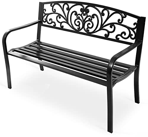 KOMFOTTEU 2 Sitzer Gartenbank, Parkbank aus Metall, Sitzbank mit Armlehnen & schön gemusterten Rückenlehnen, Sitzbank bis 280 kg belastbar für Balkon Garten, 127 x 60 x 85 cm, Schwarz