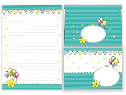 Briefpapier-Set Briefblock mit Umschlag für Kinder Sterne Luftballons Kindermotiv Mädchen (Block A5 mit 25 Blätter + 15 Umschläge)