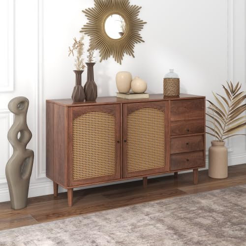 SogesHome Beistellschrank Buffets Sideboard Küche Esszimmer Schrank Mit Rattan Einsatz 3 Türen 2 unregelmäßigen Schubladen für Aufbewahrung, 130 * 40 * 75.5 cm