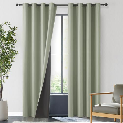 MRTREES Vorhang Salbeigrün 100% Vorhangverdunkelung Thermovorhang Wärmeisolierend Kälteschutzvorhang Gardinen Wohnzimmer 2er Set, Gardinenschals mit Ösen 225 cm Lang, 140 cm Breit