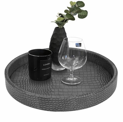 HofferRuffer Faux Leather Round Serving Tray, Vegan Croco Leather Decorative Tray, Food Tray for Storage Drinks, Snack & Cosmetics, Dia.12'' x 1.6'' (Dark Grey)