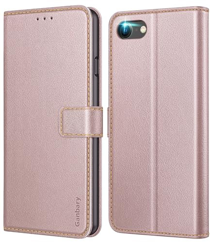 Ganbary Cover Compatibile con iPhone SE 2022 5G/SE 2020/8/7, Premium Pelle PU Flip Libro Custodia per iPhone SE 2022 5G/SE 2020/8/7 [Protezione Completa] [Slot Scheda] [Funzione Supporto], Oro Rosa