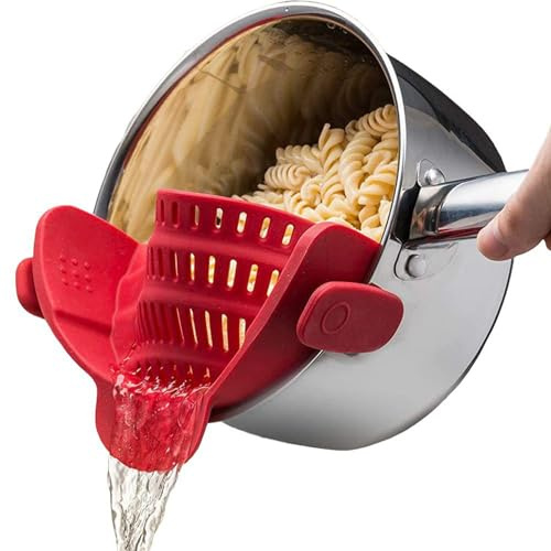 Adjustable Silicone Clip On Food Strainer Colander for Pot and Pan Clip Type Filter Pot Filter Clip Type Multifunctional Drain Basket Pasta Strainer Vegetable Washing Drain Basket (Red)