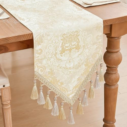 TOPLUXE Tischläufer mit Quasten, Florale Tischdecke für Esstisch Urlaub Party Wohnzimmer Dekoration (33x228cm, Helles Gold)