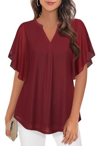 Vafoly Damen Blusen und Oberteile Elegant Kurzärm V-Ausschnitt Tunika Arbeit Top Damen Sommer Fließendes Tunika Mode 2024 Professionelle Blusen Lässige Schmeichelnde Oberteile Weinrot L