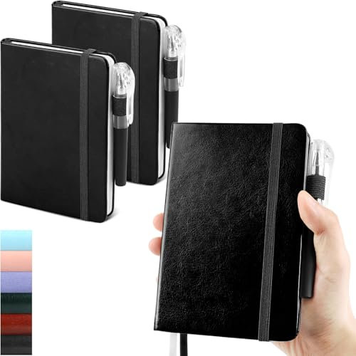 Kleines Notizbuch, College, liniert, 3 Stück, schwarz, 9,4 x 14,5 cm, Taschennotizbuch, Tagebuch, Mini-Hardcover, liniert, Notizblöcke mit Stiften für Arbeit, Business, Reisen und Bürobedarf