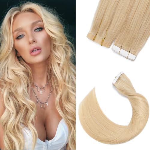 Silk-co Tape in Extensions Echthaar 20stk, Tape Extensions Echthaar, Remy Haarextensions Tape in Haarverlängerung 30g Blond 45cm