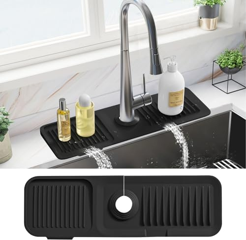 PoYang Tapis de robinet de 45 cm pour évier de cuisine – Protection anti-éclaboussures derrière le robinet, protecteur d'évier pour évier de cuisine, long tapis de drainage en silicone noir
