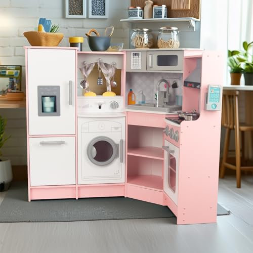 Rosa Hölzerne Kinderküche, Kinderspielküche mit Spüle Herd Backofen, Holzküche Spielzeugküche, Spielküche aus Holz mit Zubehör für Kinder ab 3 Jahren (Rosa 2)