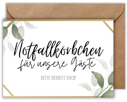 WBdesignz Notfallkörbchen Schild Hochzeit mit Umschlag – Karte „Für unsere Gäste – Bitte bedient euch - elegante Deko im Greenery-Stil für Hochzeitsfeier, Event, Party querformat (DIN A6)