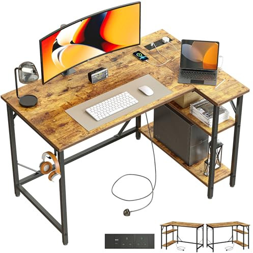 DOMSHOCT Small L Shaped Gaming Desk with Power Outlets, 100x70cm Corner Computer Table with Large Reversible Storage Shelves, Home Office PC Workstation with Hooks for Writing Study, Rustic Brown
