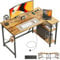 DOMSHOCT Small L Shaped Gaming Desk with Power Outlets, 100x70cm Corner Computer Table with Large Reversible Storage Shelves, Home Office PC Workstation with Hooks for Writing Study, Rustic Brown