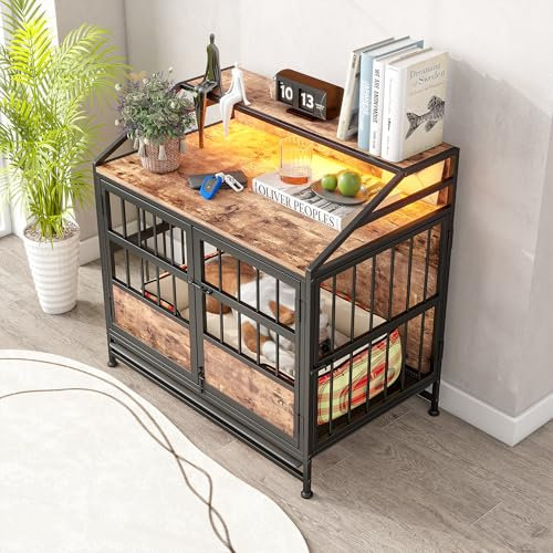 FOUBAM Dog Crate Furniture, Metal and Wooden Dog Cage with LED Light, Dog Kennels with Removable Tray, Pet Puppy Crate End Table for Small Dog, Heavy Duty Dog House, Rustic Brown and Black