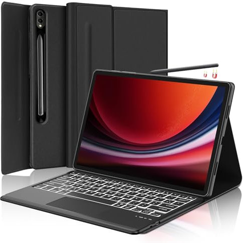 SENGBIRCH Coque Clavier pour Samsung Galaxy Tab S9 FE+ 12,4 - AZERTY Français Trackpad Clavier Rrétroéclairé 7 Couleurs Détachable sans Fil Bluetooth pour S9 Plus 12,4 Pouces 2023, Noir
