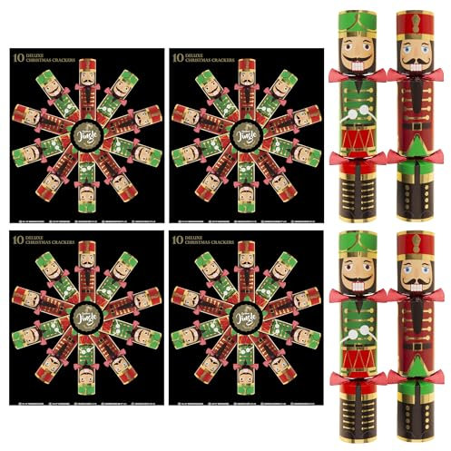 40 Deluxe Christmas Crackers - 14 Nutcracker Theme, Eco-Friendly Festive Crackers for Family Gatherings - Includes Hat, Joke, and Gift (x4 10 Packs)