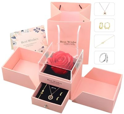 hssopa Véritable rose rouge conservée avec collier en argent sterling S925, rose éternelle avec collier « Je t'aime » en 100 langues pour petite amie, elle, allgemein, Collier, paire de bagues et