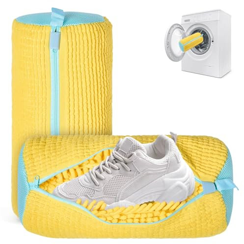 2er Schuhwaschbeutel Waschmaschine, Waschbeutel Schuhe mit Reißverschluss, Wiederverwendbarer Schuhbeutel Wäschenetze für Waschmaschine (Gelb-2 Stück)