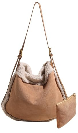 CORIOS Damen Lammwolle Handtasche Plüsch Schultertasche Kunstfell Flauschige Henkeltaschen Große Umhängetasche Wildleder Tote Beutel 2pcs Retro Tragetasche für Shopper Reise Arbeit Khaki