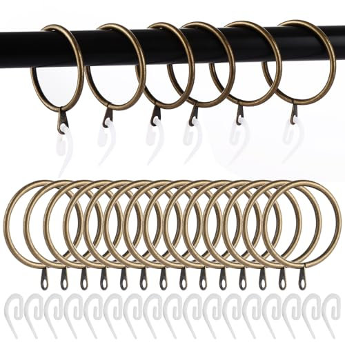 AHAQU 100 Pack Metal Curtain Rings, 45mm Internal Diameter Curtain Pole Rings, Smooth Glider Curtains Rail Hanging Rings, Heavy Duty Drapery Ring with Plastic Hooks- Antique Brass