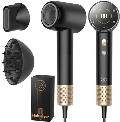Föhn Ionen Haartrockner GOLDEN GOODS 1600W - Professioneller Fön Hochgeschwindigkeit mit 3 Geschwindigkeits- und 5 Hitzeeinstellungen, LCD Kaltlufttaste mit Diffusor und Düse 110.000 U/min