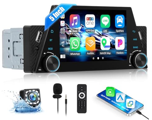 OiLiehu Radio 1 DIN Carplay Android Auto Pantallas para Coches 5 Pulgadas Soporte Enlace Espejo/EQ/Bluetooth/Control del Volante/FM Radio/Camara Marcha Atras/DVR/AUX/USB