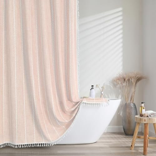 meioro Gestreifter Duschvorhang Boho Bauernhaus Duschvorhänge, Leinen gewebter Stoff Textil Duschvorhang Set mit 12-Haken, Wasserdicht Rustikale Böhmische Duschvorhange für Badezimmer(Creme,183x213cm)