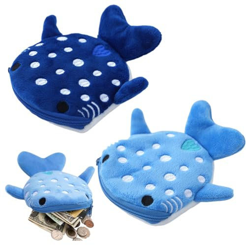 WeddHuis Porte-Monnaie en Peluche Kawaii (2 pièces), Mini Monnaie Portable en Forme de Requin, avec Fermeture éclair et Porte-clés, Petite Pochette d'animaux Marins de Dessin animé, pour Femme (Bleu)