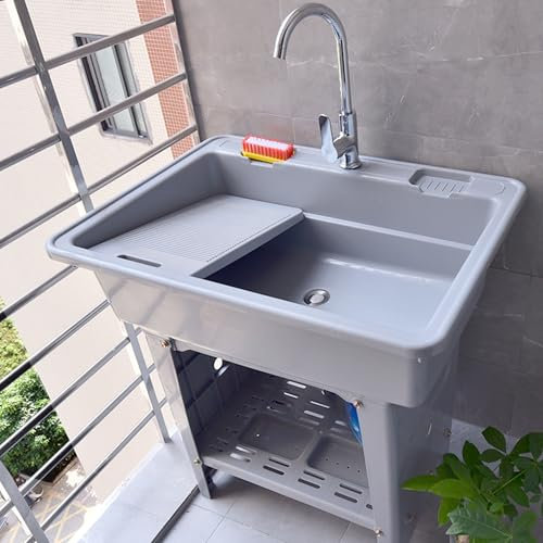 Lavello da Esterno Autoportante,Lavabo da Esterno in Plastica,Mobile Lavandino Lavanderia,Portatile Lavelli di Utilità con Rubinetto e Tubo Flessibile,per Cucina,Campeggio,Giardino(Gray,68x58x80cm)