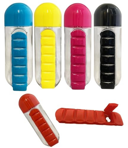 Water Bottle with Pill Organizer (600ml) – 7-Day Travel Medication Storage – Leakproof Hydration Bottle with Weekly Pill Box – Assorted Colours HTUK