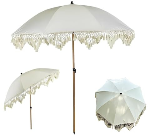 IMUNKT Parasol De Plage avec Franges 200cm, Parasol De Jardin Extérieur Inclinable, Parasol De Terrasse Style Bohème, Beige, 8 Baleines