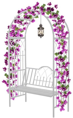 Generisch Gartenbogen mit Bank Rankhilfe Rosenbogen Metall mit Sitzbank Torbogen Rankgitter Metall Spalierbogen für Kletterpflanzen,2-Sitzer Großer Garten Rosenpavillon Bogen 114x210x50 cm(Weiß)