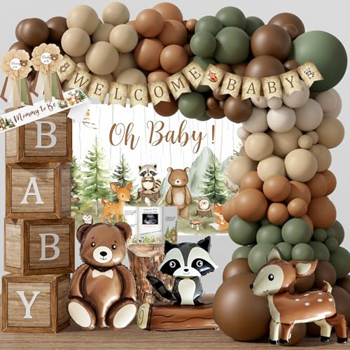 Woodland Animals Baby Shower Decoration Party Supplies, Forest Animal Neutral Gender Reveal Party Decorations, Backdrop Balloon Arch Box Mom to Be Sash Dad to Be Pin Tablecloths Cake Topper