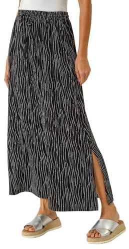 Roman Originals Jersey Skirt for Women UK - Ladies Midi Maxi Floral Animal Print Autumn Winter Swing Smart Casual Office Cocktail Party Going Out Evening Holiday Cruise - Noir Blanc - Size 12