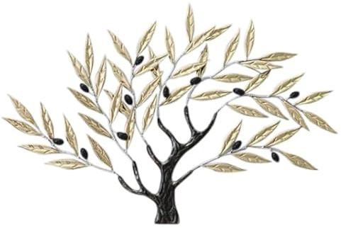 Wanddeko Metall Olivenbaum - Wandskulptur Mediterraner Baum 66,5x47cm - Goldene Blätter und schwarze Oliven für eine natürliche und elegante Wanddekoration
