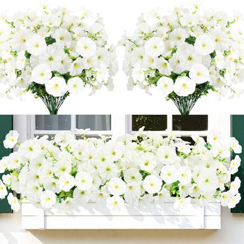 MACTING Artificial Flowers Outdoor - 6 Bundles UV Resistant Fake Flowers, Silk Faux Flowers, Artificial Fake Morning Glory For Indoor Outdoor Hanging Baskets Garden Porch Vases Farmhouse Decor(White)