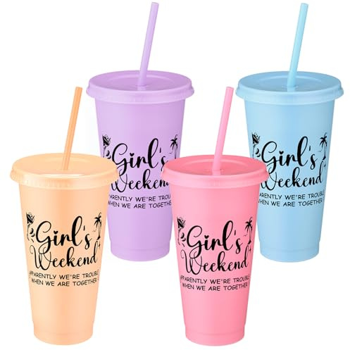 CHENGU 4 Pcs Girls Weekend Gift Favors for Women Girls Weekend Cups with Lids and Straws 24 oz Plastic Tumbler Gift Travel Friendship Drink Cooler Cup for Friend Bachelorette Vacation(Stylish Color)