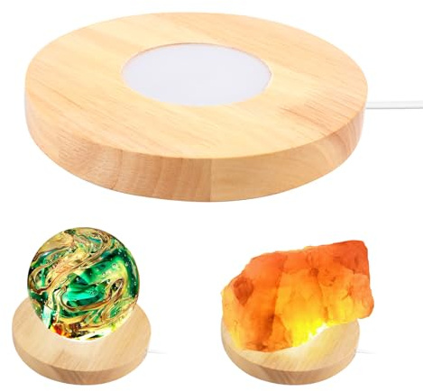 JOJOCY LED-Leuchten-Sockel aus Holz, runder Holzständer in warmer Farbe, 3 Leuchtmodi mit 3-stufiger Dimmfunktion für 3D-Kristallglas-Kunstharz-Acrylkunst (15cm Yellow)