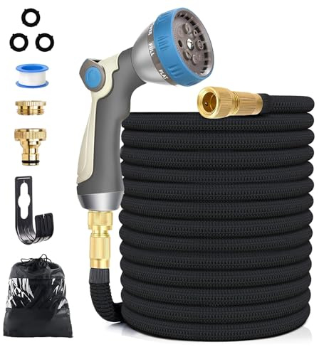 30M/100FT Flexibler Gartenschlauch, Wasserschlauch Dehnbar mit 8 Modi Wassersprühpistole, Adapter für 1/2' 3/4' Zoll und Wandhalterung, Schlauch Flexibel Bewässerung für den Außenbereich